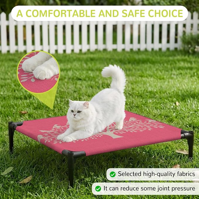 Outdoor Elevated Dog Bed for Small Dogs, Black Tree Breathable Cooling Raised Dog Cot for Indoor/Outdoor, Birds Vintage Farmhouse Pink Waterproof Elevated Pet Beds, S 20 x 20 in