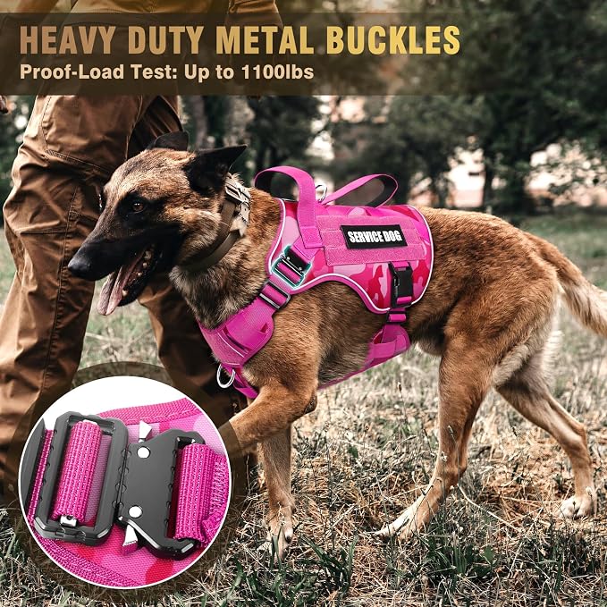 2X Metal Buckle Service Working MOLLE Dog Vest with 10 Pet Patches | Tactical Dog Harness for Medium Dog, No-pull Military Working Vest for Training Hunting Walking，2x D Rings for Leash Clip