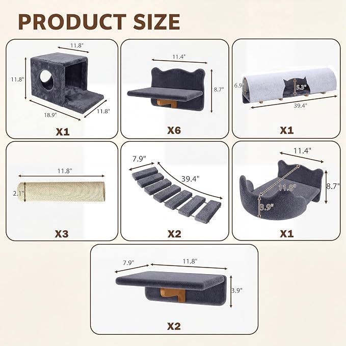 16-in-1 Cat Wall Shelves, Cat Furniture w/Tunnel & Bridge, Grey | Wall Mounted Cats Shelf Set with Plush Fabric, Cat Climbing Wall Systems for 16 Inch Drywall, with Scratching Posts, Condos