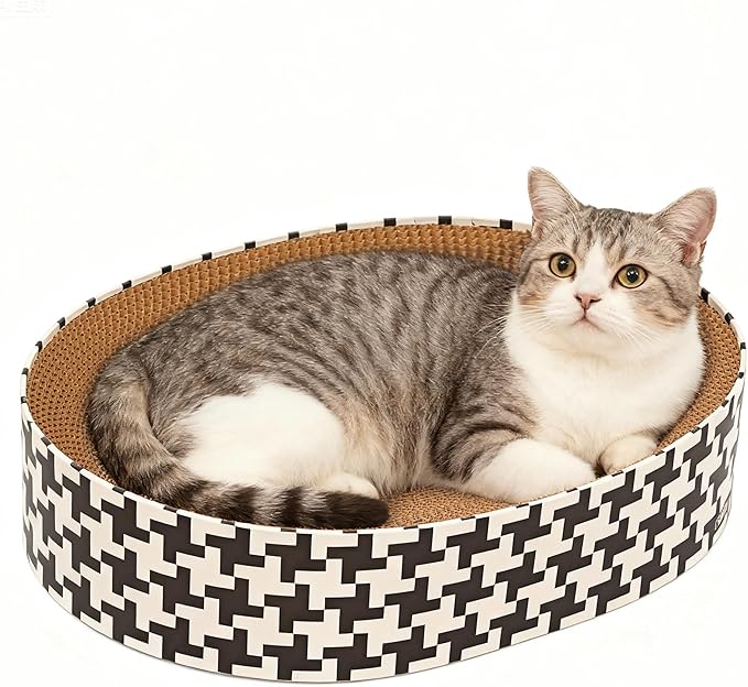 2-in-1 Cat Scratcher Cardboard Bed, Round Cat Scratching Pad Bowl for Indoor Cats, Durable Corrugated Circle Cat Scratcher Lounge, Cozy Oval Cat Scratch Bed Furniture for Kittens & Medium Size Cats