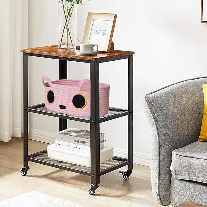 Pink Cat Toy Basket, Small Woven Cat Toy Storage Box with Cute Ears Handle Indoor, Cotton Rope Storage Bin with Embroidered Face for Home Decor, Pet Bed, Baby Nursery Kids Room Organization