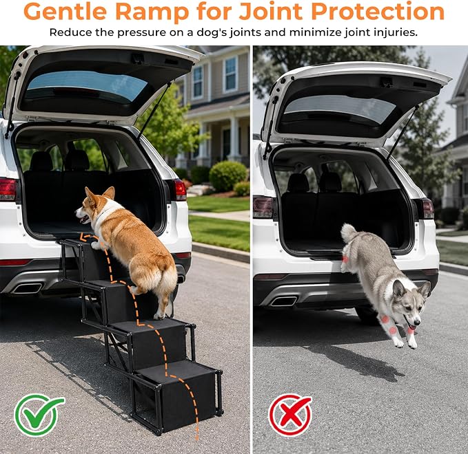 Dog Stairs for Large Dogs,4-Step Foldable Dog Ramp for Car with Non-Slip Surface & Oxford Fabric,Portable & Lightweight Pet Stairs for SUV,Truck,Bed & Couch,Supports up to 132 lbs (Green)