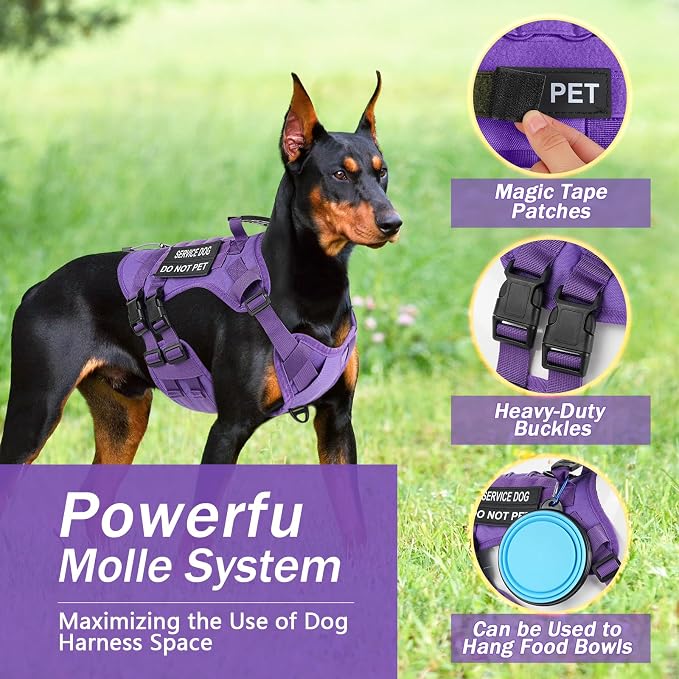 No Pull Tactical Dog Harness Medium Sized Dog, Service Dog Vest, M, Purple | Tactical Dog Vest Harness and Leash Set, Adjustable Military Service Dog Harness with Handle for Medium Large Dogs
