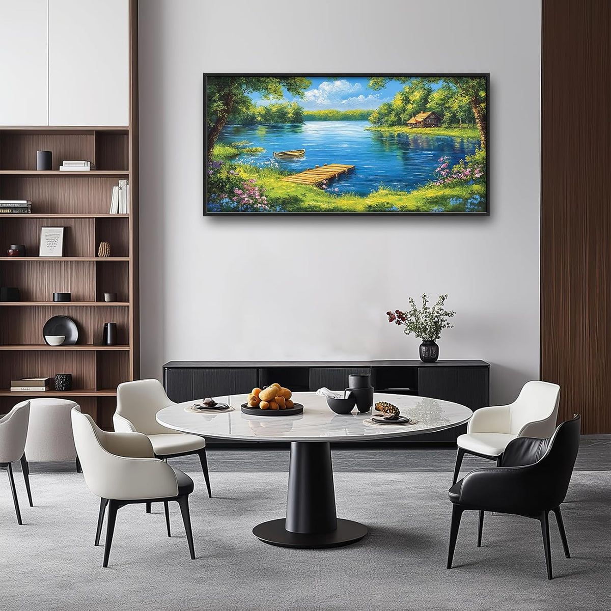 Large Lake Cabin Wall Art for Living Room, Framed Oversized Tree Boat Wildflowers Wall Decor Nature Landscape Canvas Painting Modern Artwork for Bathroom Bedroom Office Dining Room 60"x30"