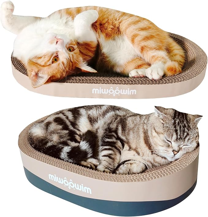 miwoowim 3-Piece Cat Scratcher Set, Oval Bowl Nest for Indoor Cats | 2 oval bed &1 box for scratching & lounging,Durable round corrugated cardboard pad & catnip toy.Furniture protector for couch