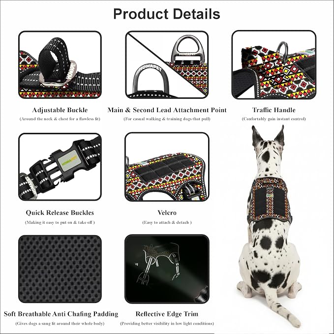 Homapet. Tactical Dog Harness with Dual Leash Attachment Points, Adjustable and Reflective Military Grade Dog Vest with Comfort Control Handle (Aztec, M)