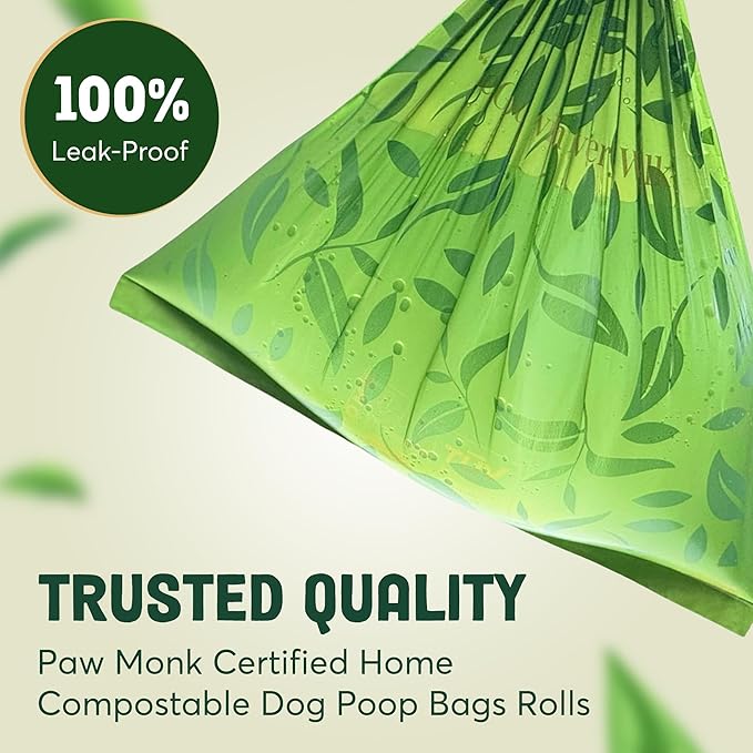 Paw Monk Heavy Duty Dog Poop Bags Rolls Refill – Certified Home Compostable dog waste bags, Extra Thick 20 Micron, Leakproof & Easy Open doggy poop bags, Unscented – 120 Bags (8 Rolls)