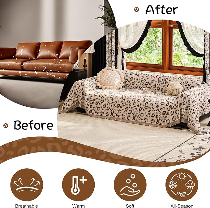 VClife Vintage Couch Cover - Cute Animal Theme Couch Covers for 3-4 Cushion Couch, Soft Chenille Sofa Covers for Dog, Washable Anti-Pilling Furniture Protector for Bedroom Living Room Office