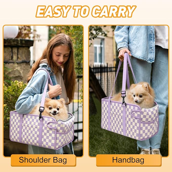 Console Dog Car Seat for Small Dogs, Foldable Booster Seat,Purple Checkered | Portable Booster Seat Sits On Car Console/ Armrest. Foldable for Easy Storage. for Center Console, Easy To Clean.