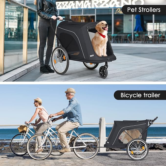 R8 Extra Large Foldable Pet Stroller, Dog Stroller & Pet Trailer for Large Dogs Under 100 lbs, Unmovable, Disabled & Pregnant Dogs - Conveniently Carriable by Bike and Car, Black