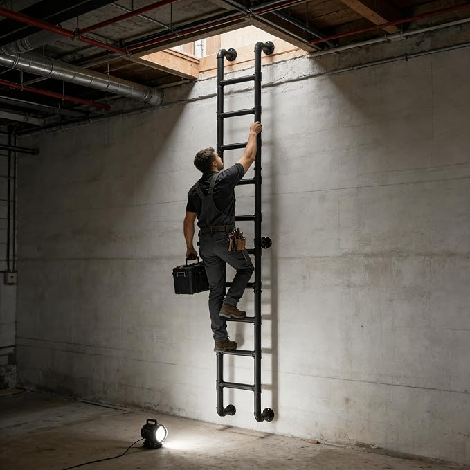 10 Rung Wall Mounted Ladder Heavy Duty 450lbs Capacity, 10FT Steel Pipe Fire Escape Ladder for Egress Window & Basement, Industrial Wall/Floor-Mounted Loft