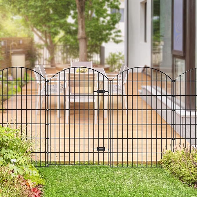 FOREHOGAR Metal Garden Fence with Gate 48in (H) x 20.3ft (L), 1 Gate+ 7 Panels Dog Fences Border Fence Animal Barrier, No Dig Garden Fencing for Yard Flower Bed Lawn Patio Outdoor, ECG4808G, Black