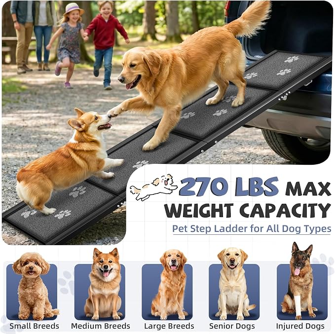 Upgraded Dog Ramp for Car 71" X-Long & 19.7" Wider Portable Dog Ramps for Large Dogs Non Slip Rug Surface Extra Wide Steps for SUV Car and Truck Folding Pet Ramp Supports Up to 270LBS
