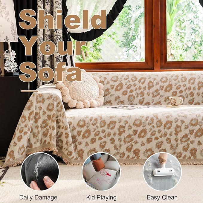 VClife Bohemian Sofa Cover for Dog, Aesthetic Leopard Couch Cover for 3 Cushion Couch Sofa, Skin-Friendly Breathable Furniture Protector, Cute Animal Theme Sofa Slipcover Futon Cover for Dog, Khaki
