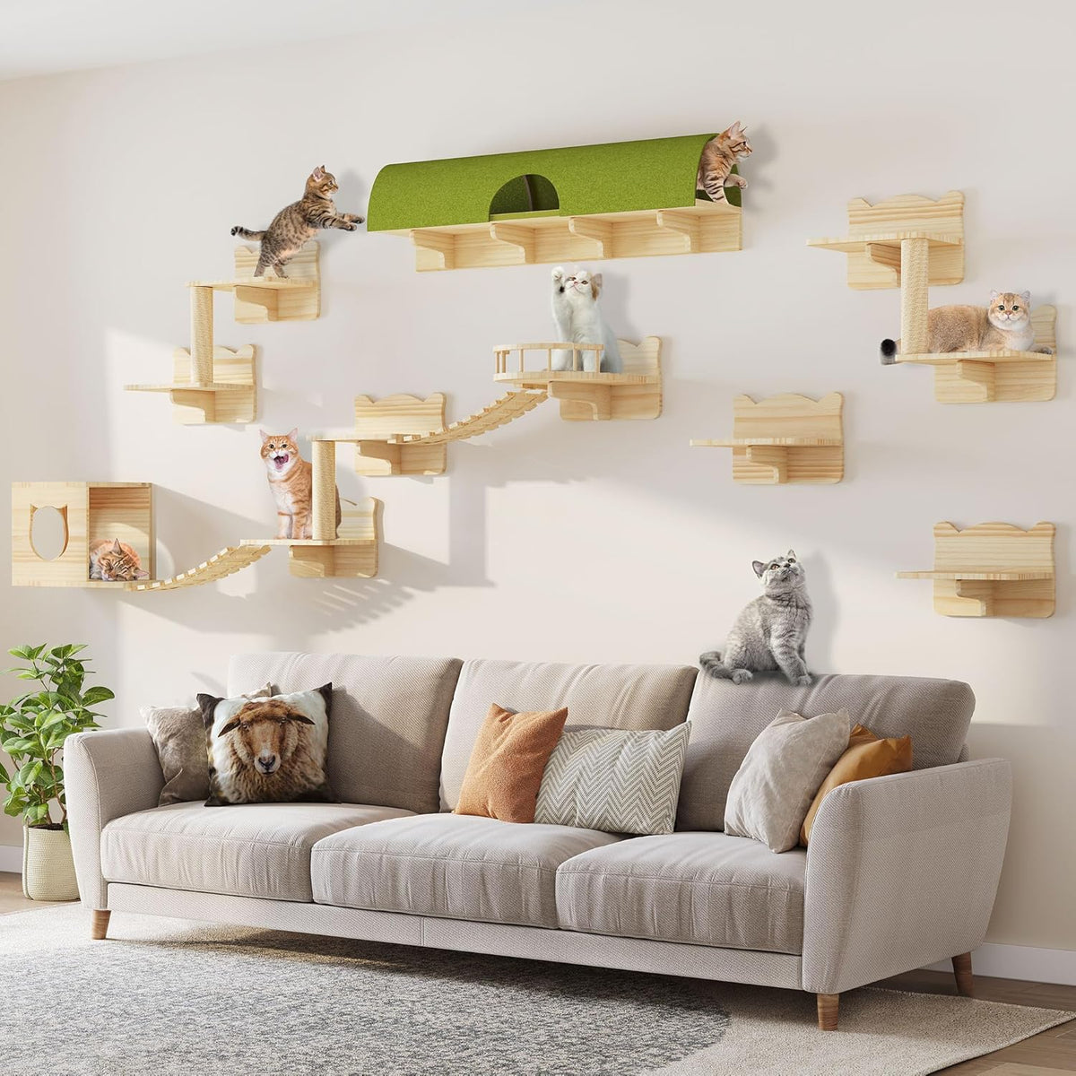 Cat Wall Shelves, Cat Wall Furniture Pine Wooden Feline Shelf, 16 Piece Feline Shelves and Perches with Condos, House, Steps, Bridge Ladder, Scratching Post and Tunnel