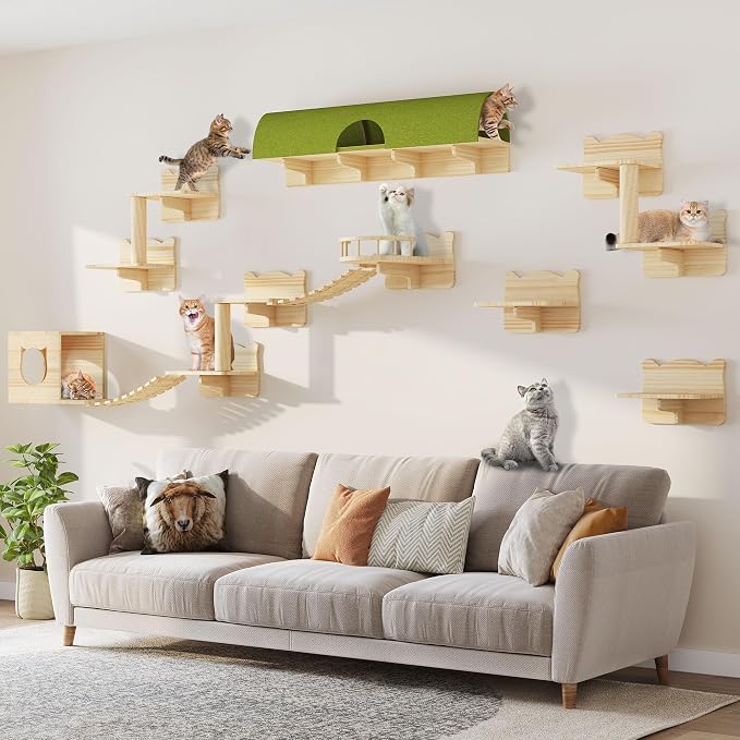 16-in-1 Cat Shelves for Wall, Cat Wall Furniture w/Tunnel & Bridge | Multi-Level Floating Cat Shelves for Space Saving, Solid Wood Cat Climbing System with Scratching Posts, 2 Condos, Burlywood