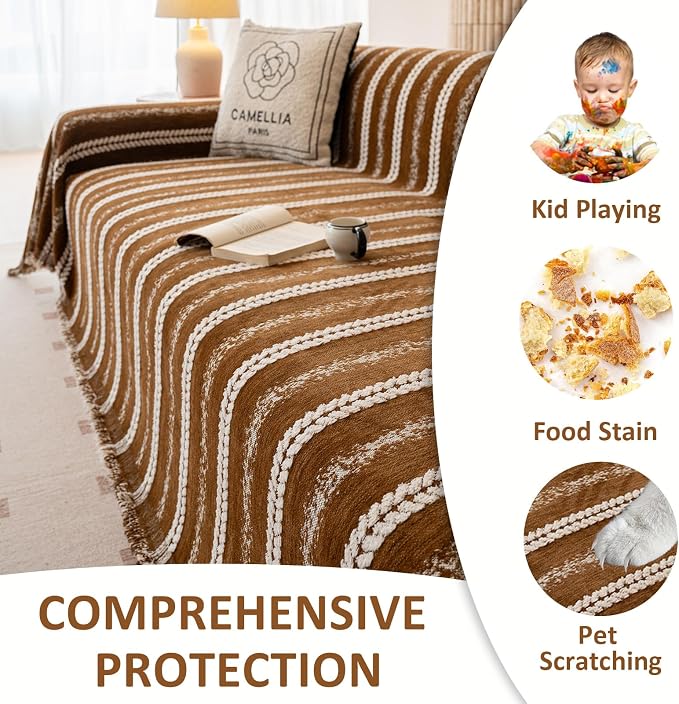 VClife Sofa Cover Bohemian Striped Pattern Couch Cover for Oversized Sofa - Caramel Brown Creamy White Textured Sofa Slipcover Washable Furniture Protector for Couch Decorative Couch Cushion Cover
