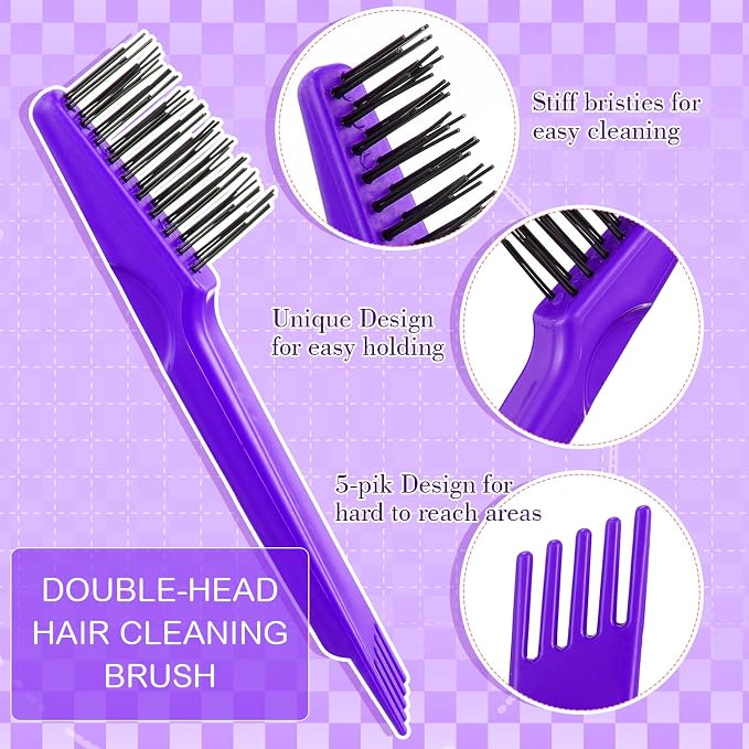 Boao 2 Pack Hair Brush Cleaning Tool,2-in-1 Comb Rake and Brush Cleaner for Removing Hair,Dust and Buildup,Mini Hairbrush Accessory for Home&salon(Purple, Wood Color,Polished Wooden Handle Rake)