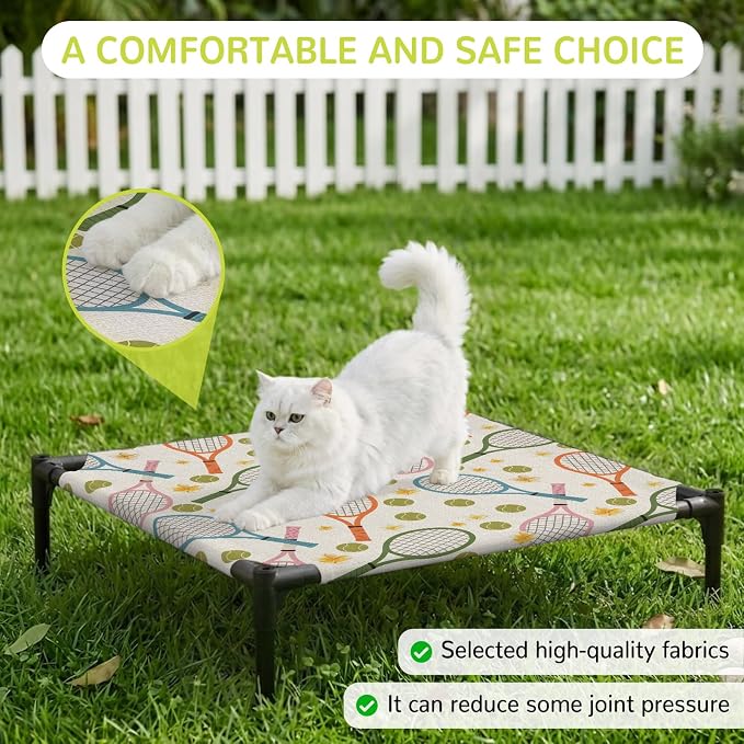 Outdoor Elevated Dog Bed for Small Dogs, Tennis Rackets Breathable Cooling Raised Dog Cot for Indoor/Outdoor, Farmhouse Flowers Ball Sports Theme Waterproof Elevated Pet Beds, S 20 x 20 in