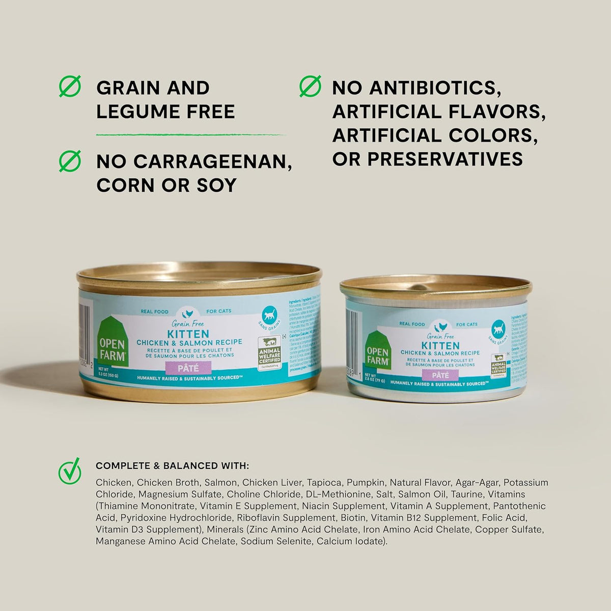 Open Farm Canned Kitten Food, Paté for Complete & Balanced Nutrition, Grain-Free and Legume-Free Wet Kitten Food, Chicken & Salmon Recipe, 2.8oz Cans (Case of 18)