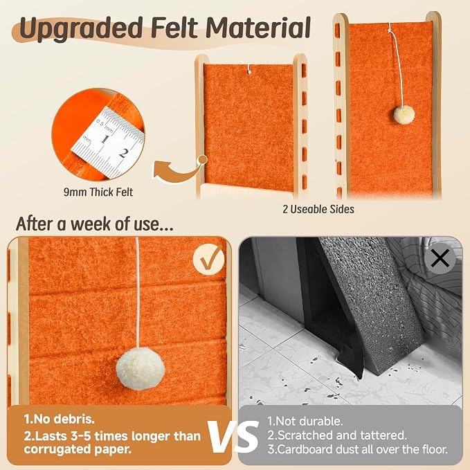 Cat Scratcher with Bell Ball Cat Scratch Pad L-Shaped Scratch Mat Vertical Cat Scratching Board for Indoor Cats Felt Cats Scratching Post Furniture Protector Kittens Cratchers Toys- Orange