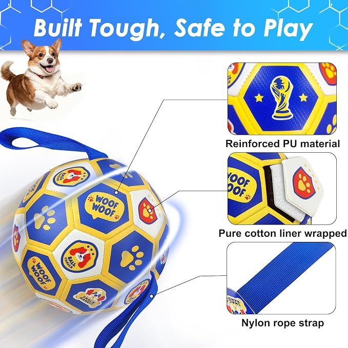 Vivifying Dog World Cup Soccer Ball Toy, 7 Inch Floatable Interactive Dog Toy for Medium Large Dogs, Durable PU Enrichment Ball with Nylon Straps for Outdoor Fetch, Training & Playing