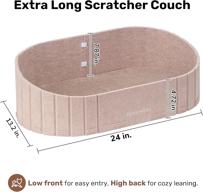 FUKUMARU Cat Scratcher, 24 Inch Sofa Shape Cat Scratching Bed Couch Indoor | Oval Felt Cat Scratcher Bed with Reversible Detachable Cat Scratching Boards, Round Cats Scratch Pads Refill, Beige