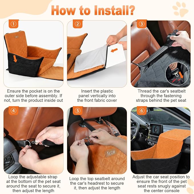 Elevated Dog Car Seat for Small and Medium Dogs Up to 35 lb | 4" High-Density Foam Dog Car Bed, 2 Storage Pockets,3 Safety belts,Fully Removable and Washable for Easy Care,Black+Brown