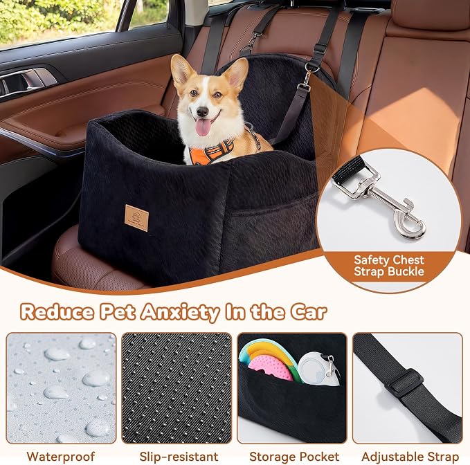 Dog Car Seat for Medium/Small Dogs, Dog Booster Car Seat, Pet Booster Seats Up to 40lbs with Waterproof Layer, 3 Storage Pockets and Safety Belt (Black)