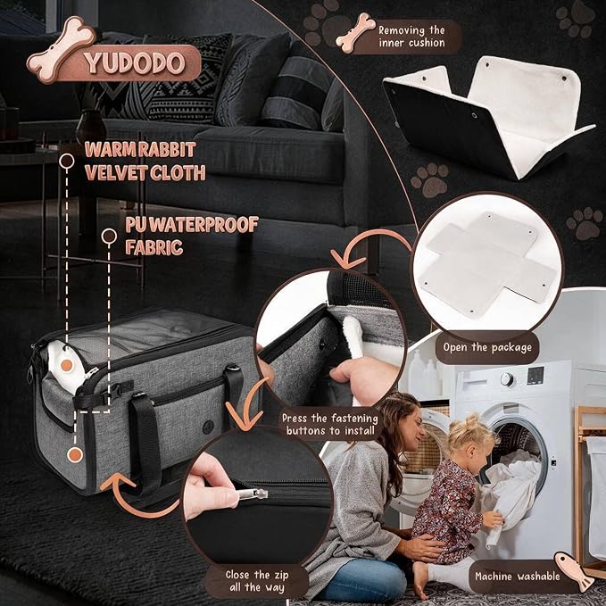 YUDODO 10-18lbs Large Console Dog Car Seat with Removable Velvet Cushion | Portable Puppy Cat Seat, PU Leather, Waterproof, Wipe Clean, Safe & Durable, Side Pockets, for Truck & SUV-Width>9.5in, Gray