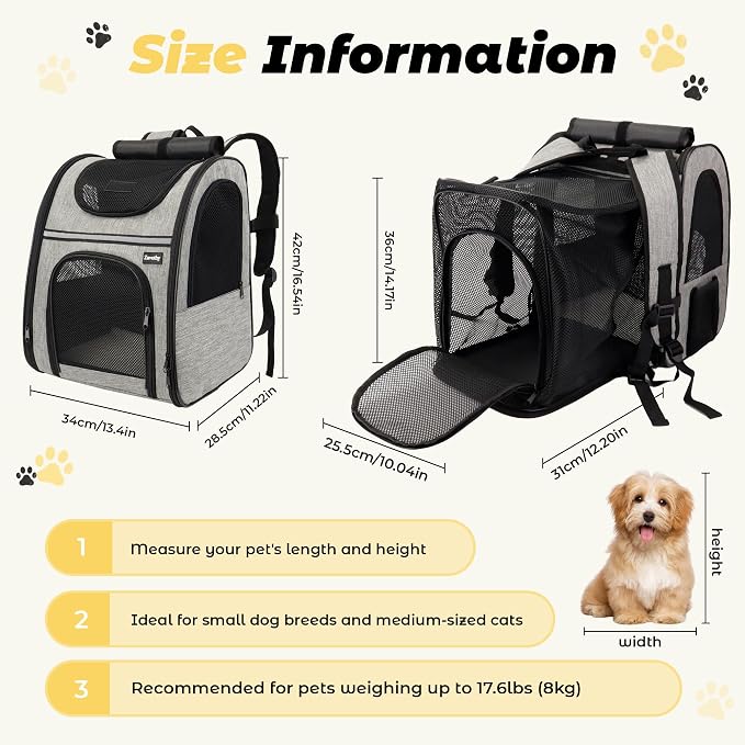 Zavothy Cat Backpack Carrier – Expandable Airline Approved Pet Travel Bag for Cats & Small Dogs, Breathable Mesh Pet Carrier Backpack with Padded Base (Grey)