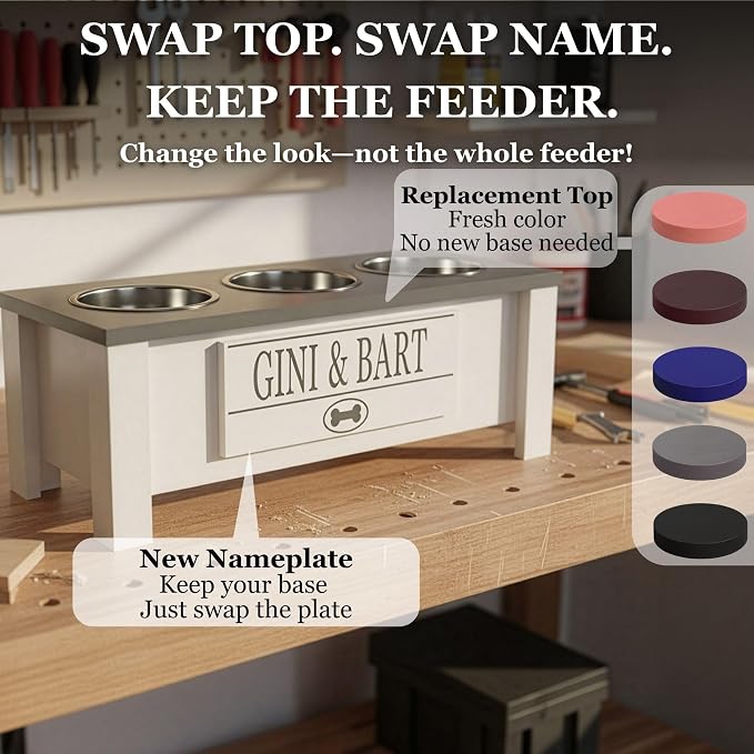 3 Bowl Dog Feeding Station, Personalized Triple Bowl Food Stand Small Dogs | Farmhouse Style, Elevated Wood Stand, Storage Container, Stainless Steel Bowls, Raised Feeder, Small Breed, Made in USA