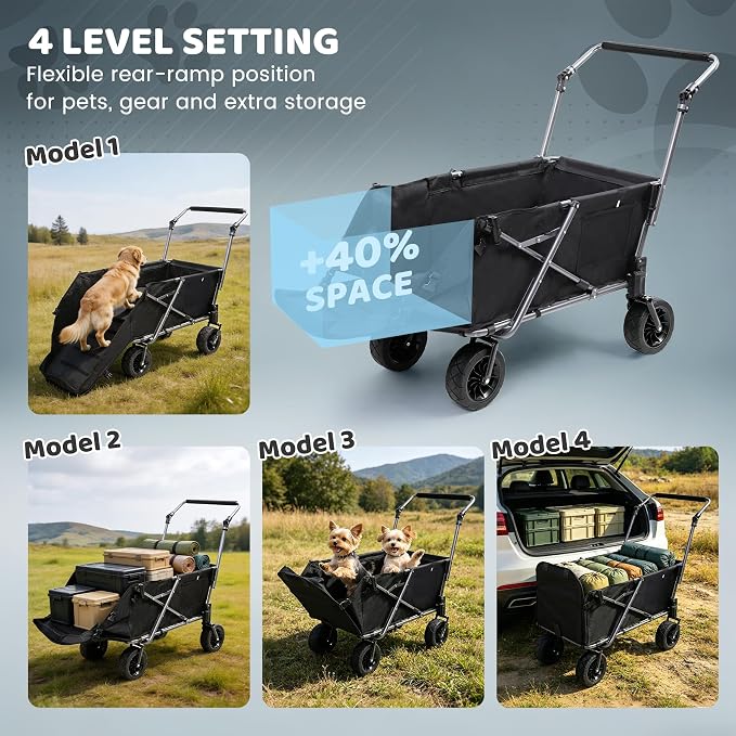 REDCAMP Folding Dog Wagon for Large Dogs, 110lbs Heavy Duty Pet Stroller | 17.3" Extendable Rear Ramp for 2 Medium Dogs, All-Terrain Dog Cart with Brakes & Push Handle for Senior Pet, Black