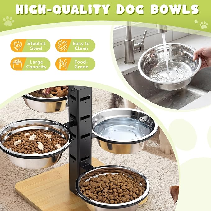 Elevated Dog Bowls Stand - 4 Heights Raised Dog Bowl Large Sized Dog - Dog Feeding Station - Dog Food and Water Bowl Set with Portable Handle - Suitable for Multi-Dog Feeding