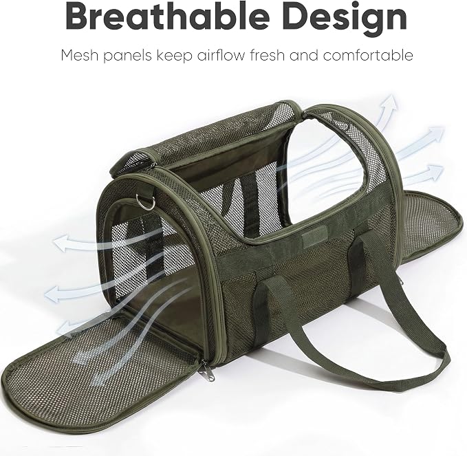 FUKUMARU Cat Carrier, Light & Airy Pet Carrier, 18x11x11 Airline Approved Dog Carrier for Small Dogs, 2-in-1 Shoulder Strap Leash, Collapsible Soft Cat Travel Carrier with Anti-Scratch Mesh, Green