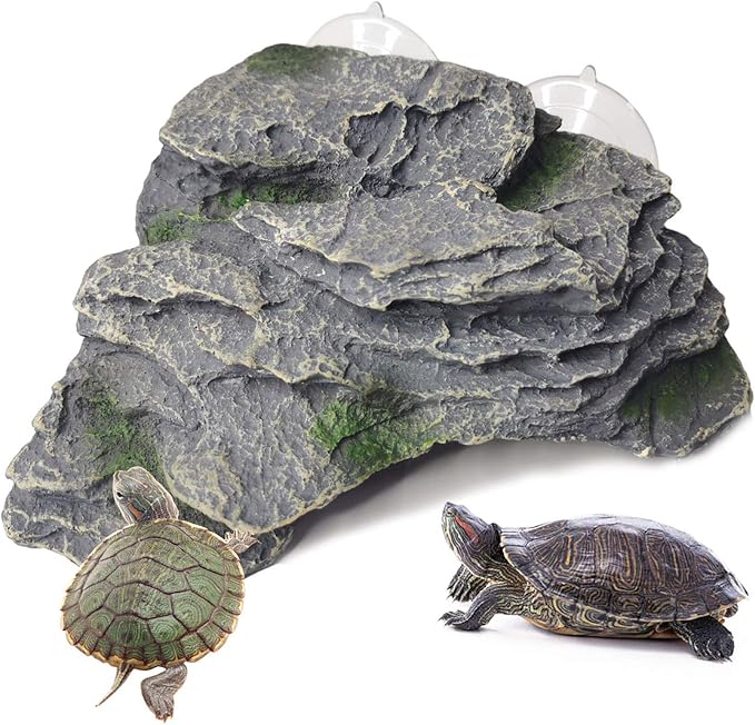 kathson Turtle Basking Platform Baby Tortoise Climbing Ramp Shale Reptiles Dock Resting Terrace Stone Small Aquarium Ornament Rock Landscaping Decoration for Frogs Newts (Large size:7.1”Lx6.3”Wx2.7”H)