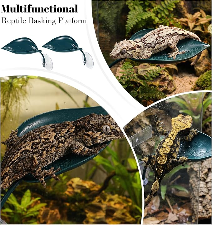 3 Pcs African Dwarf Frog Tank Accessories, Multifunctional Crested Gecko Tank Accessories, PVC Leaf Basking Platform with Suction Cups for African Dwarf Frog & Crested Gecko Tanks (4.8 x 2.8 Inches)