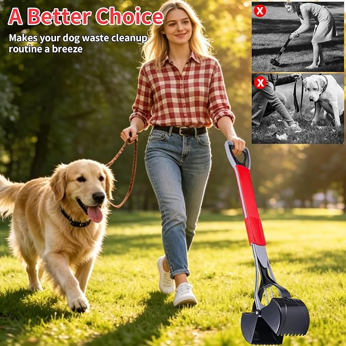 ienjoyed 36“ Largest Dog Pooper Scooper for Large Dogs Heavy Duty, Non-Breakable Dog Poop Scooper with Wide Handle for Grass, Gravel, Huge Dog Poop Pick Up Tool, Long Handled Poop Grabber, Red