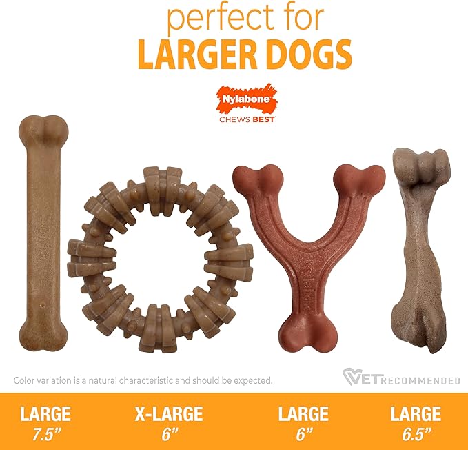 Nylabone Strong Chew Toy 4-Pack Bundle for Dogs Made with Real Bacon, Bison, Venison, Beef, & Chicken, Durable Dog Chew Bones for Aggressive Chewers, Large Dog Toys - Up to 50 lbs, 4 Count