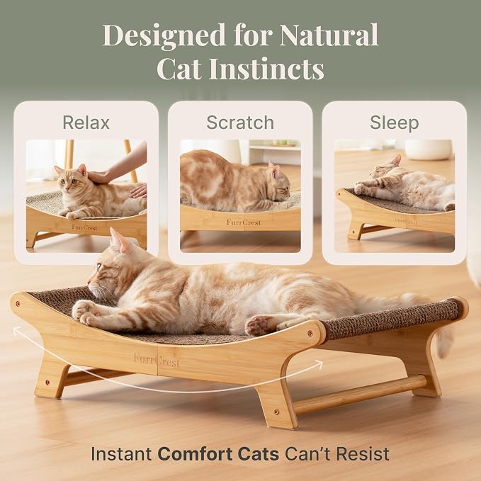 XL Sisal Cat Scratcher Bed with Elevated Hammock for Indoor Cats, Replaceable Natural Sisal Pad, Large Cat Lounge, Anti-Slip No-Wobble Bamboo Frame, Dark Brown Chevron