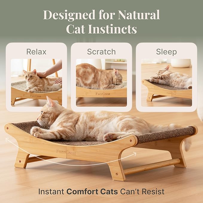 XL Sisal Cat Scratcher Bed with Elevated Hammock for Indoor Cats, Replaceable Natural Sisal Pad, Large Cat Lounge, Anti-Slip No-Wobble Bamboo Frame, Natural Grey