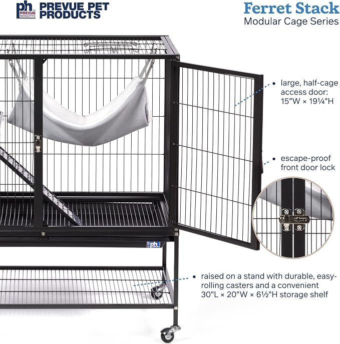 Prevue Pet Products Ferret Stack One Story Ferret Home - Portable Stand, Escape Proof Lock, Includes Hammock & Ramp, Expandable Add-On Cage Stacking System with Wheels - Black