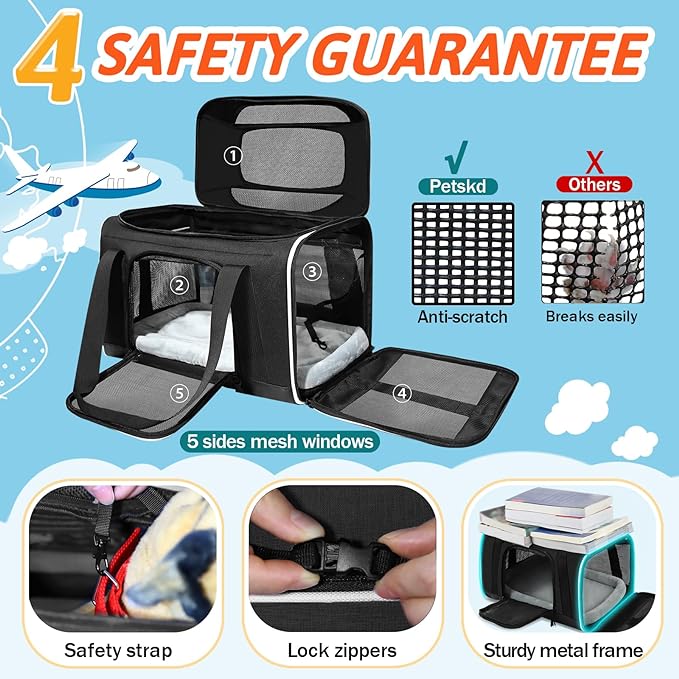Petskd Top-Expandable Small Pet Carrier with Wheels (17" L x 12" W x 8.5" H), JetBlue/Allegiant/Spirit Airlines Approved, Rolling Pet Carrier for Small Dogs & Cats (Black)