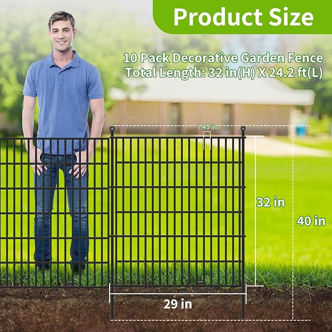 Toolterritary 10 Panels No Dig Garden Fence, 32 in(H) X24.2 ft(L) Metal Fence Panels, Thickened Rustproof Garden Fencing, Animal Barrier Fence for Dogs, Rabbits, and Patio