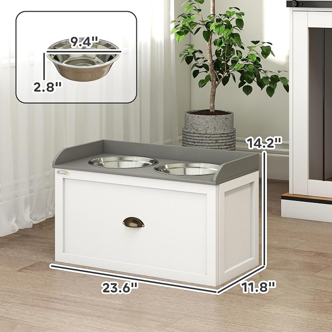 PawHut Dog Feeding Station with Drawer Dog Food Storage Cabinet White | 2 Removable Elevated Pet Bowls, for Large Sized Breeds