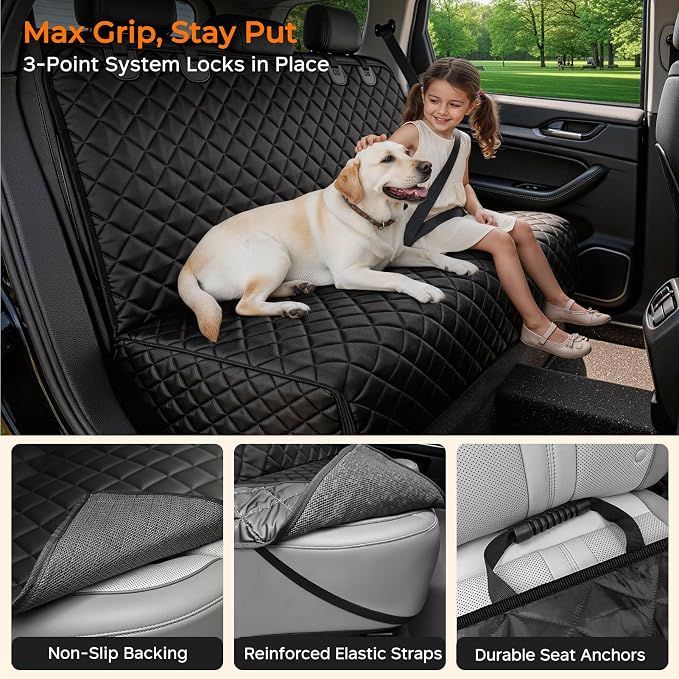 URPOWER Dog Car Seat Cover for Back Seat - Waterproof Non-Slip Car Seat Protector for Dogs Pet, Scratchproof Back Bench Seat Covers for Mid-Size Cars, Mid-Size SUVs, Black