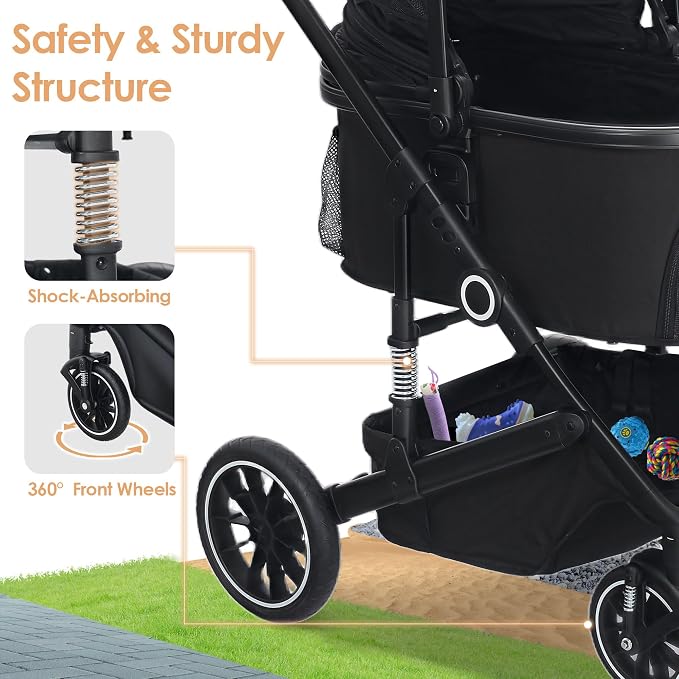 TODEFULL Pet Stroller with 4 Wheels, 3 IN 1 Folding Puppy Strollers for Small/Medium Dogs Cats up to 50lbs, Lightweight Pet Travel Carrier with Detachable Cushion, Storage Basket and Cup Holder, Black
