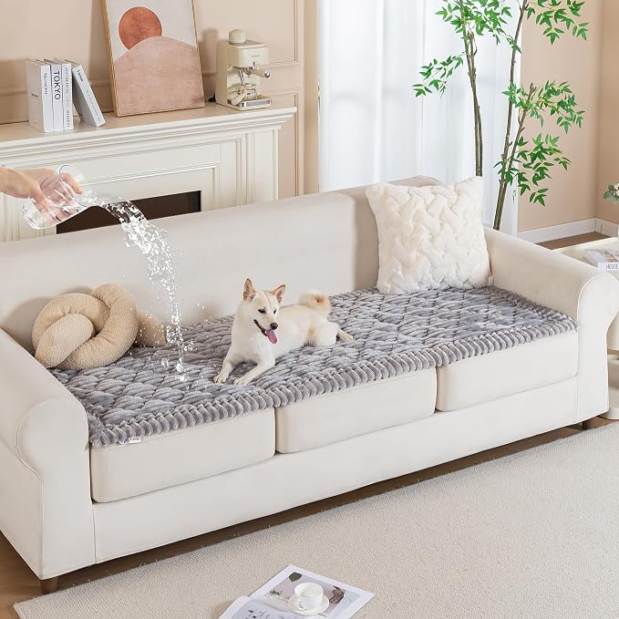 PuTian 100% Waterproof Fuzzy Couch Cover for Dogs Light Grey 27.6"x82.7" | Pet Friendly Dog Mat for Couch, Waterproof Sofa Protector, Scratch Resistant Furniture Cover for Dogs, Machine Washable
