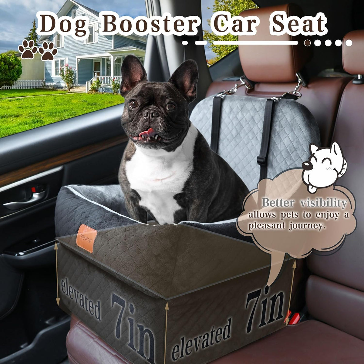Dog Booster Car Seat for Small/Medium Dogs up to 35 lbs,Interior 7 Inches Elevated Pet Booster Seat,Ultra Soft Fabric and Memory Foam Car Dog Bed,Safety,Comfy,Fully Detachable Washable(H-Black/Grey)