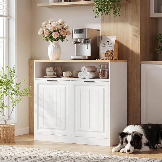 ZIFTY Pull Out Trash Can Cabinet for 13 Gallon Can with Storage, White | Pet Proof, Freestanding Kitchen Island Cabinet, Adjustable Shelf, Garbage Recycling, Modern Farmhouse Waste Bin Furniture